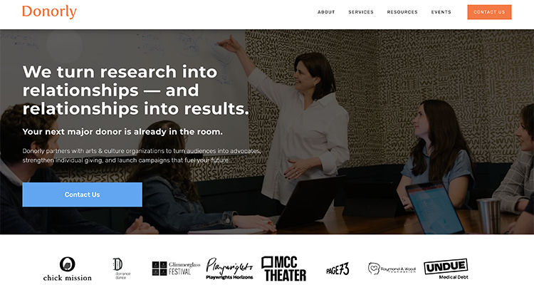 Screenshot of the Donorly homepage