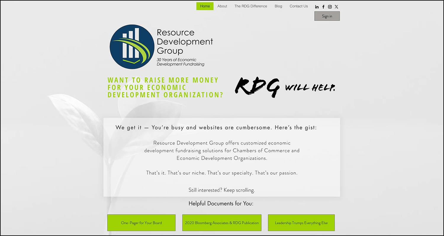 Screenshot of the Resource Development Group homepage